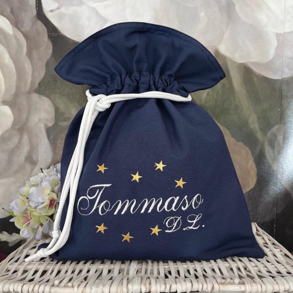 Sacca nascita in tessuto blu comp. 60% cotone 40% poliestere personalizzata. Sacca nascita in tessuto blu comp. 60% cotone 40% poliestere personalizzata.